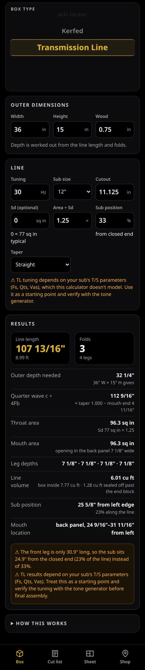 Box Calc quarter wave calculator screen