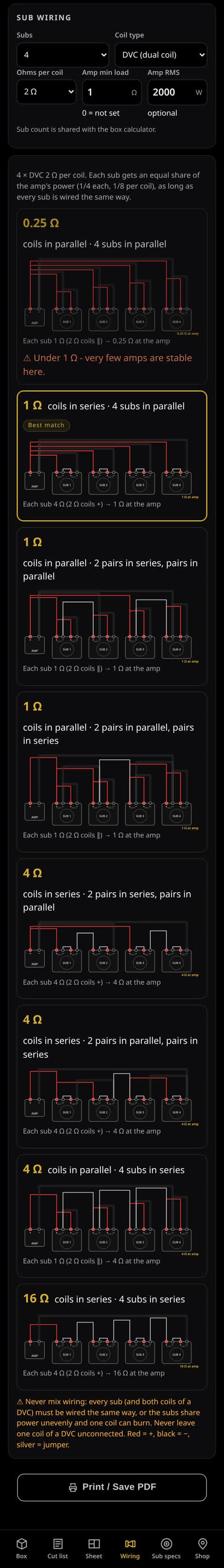 Box Calc subwoofer wiring schematic screen