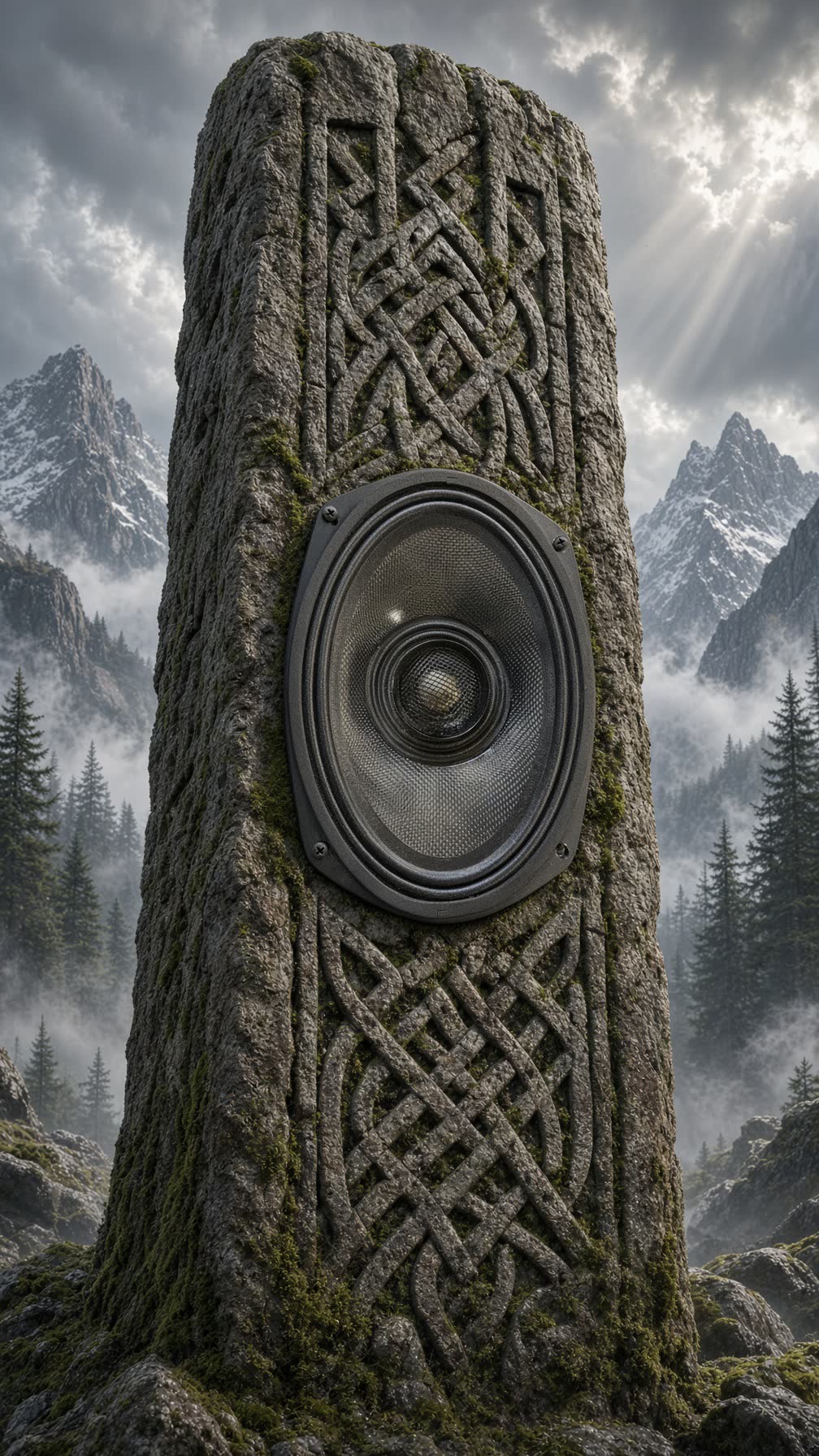 Speaker set into a carved Celtic standing stone