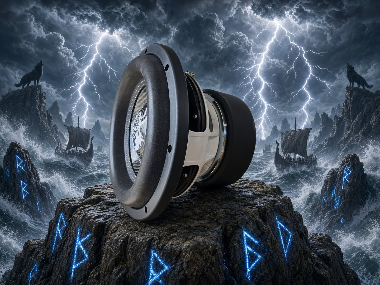 Viking-logo subwoofer on a rune stone in a lightning storm
