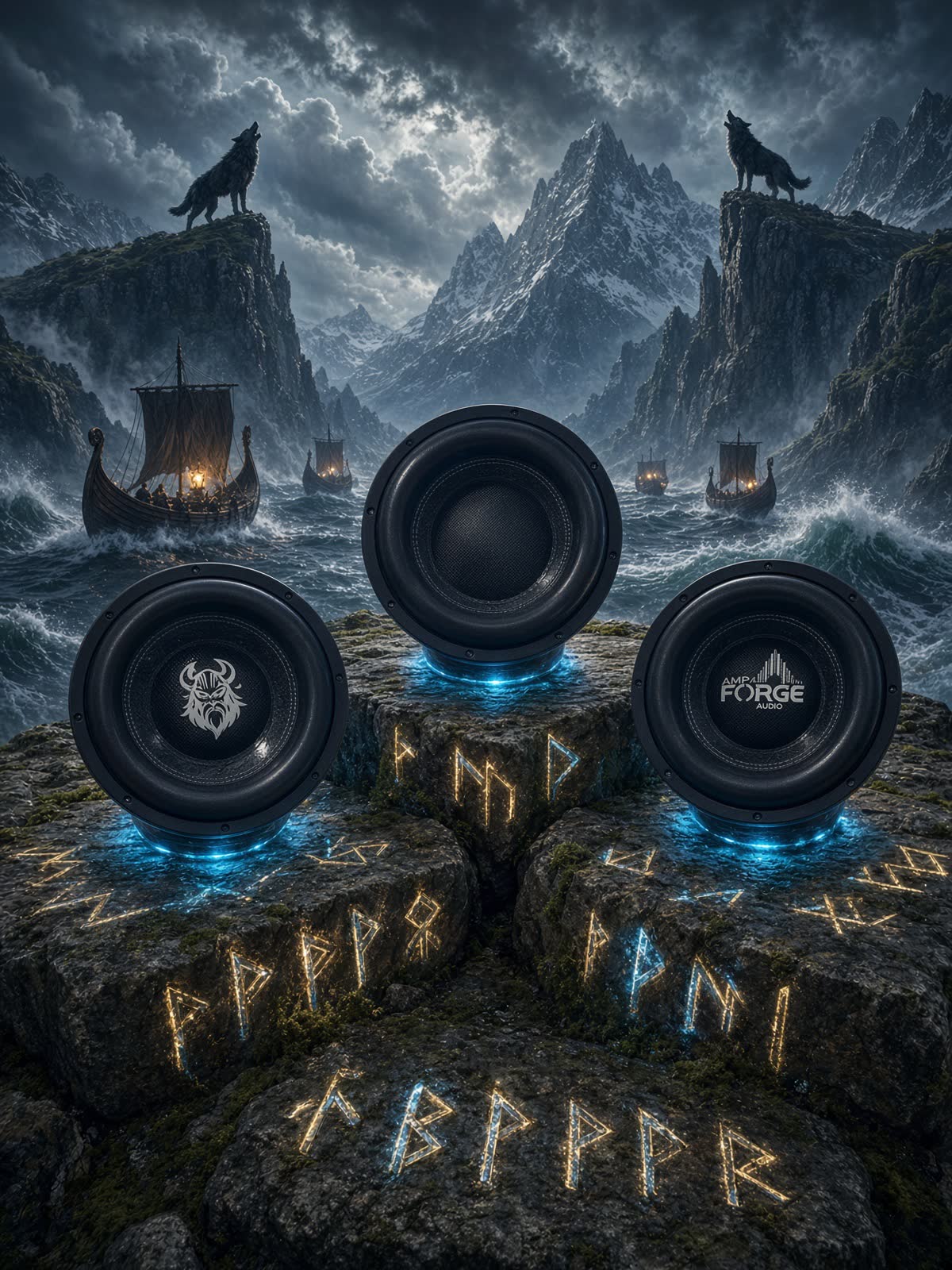 Three Amp Forge subwoofers on glowing rune stones before Viking longships